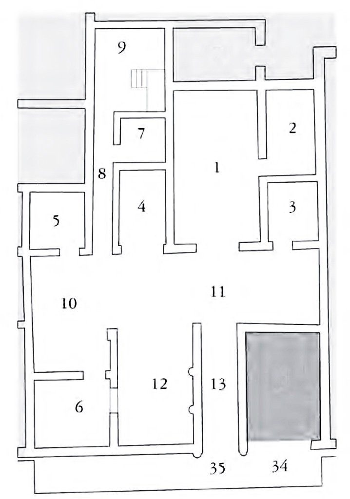 Herculaneum V.35. Casa del Gran Portale or House of Large Portal. Plan after Monteix.

See Nicolas Monteix. Les lieux de métier. Boutiques et ateliers d’Herculanum. Ecole française de Rome, 2010, Bibliothèque des Ecoles françaises d’Athènes et de Rome (fasc. 344); Collection du Centre Jean-Bérard (34), p. 400.